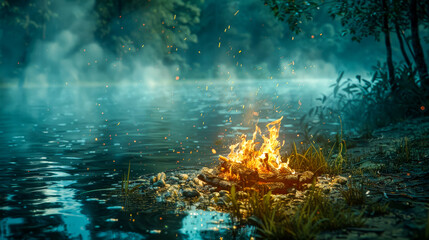 Enchanting Night Campfire by Misty Lake in Forest