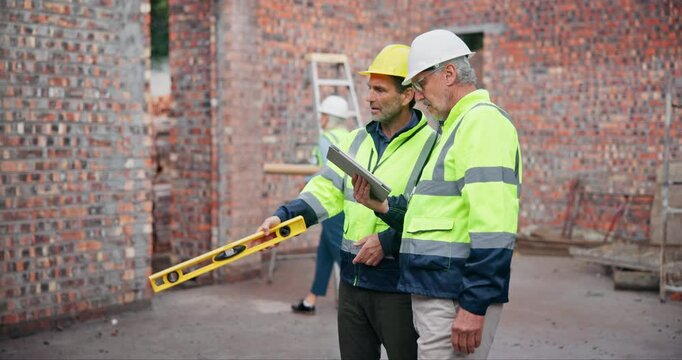 Contractor, construction site and walking with checklist for inspection or check, manager with job for employee. Teamwork, men and problem solving for building, property development or city project