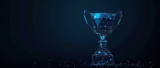 Futuristic Digital Trophy with Blue Polygonal Wireframe Design on Dark Background