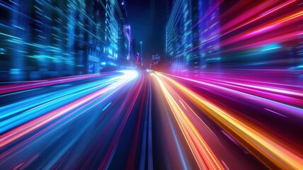 Dynamic Night Cityscape with Vibrant Light Trails and Modern Urban Architecture
