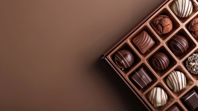 Assorted Gourmet Chocolates in Elegant Box on Brown Background - Perfect for Celebrations and Gifts