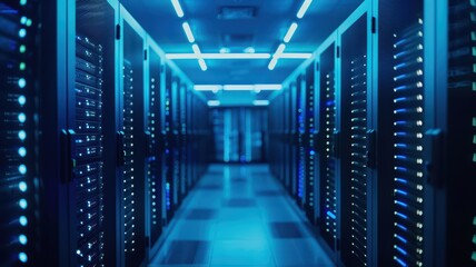 Fototapeta premium Modern Data Center with Rows of Server Racks and Blue LED Lights in a High-Tech Environment
