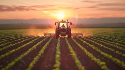 Fototapeta premium Farmer on Tractor Plowing Field at Sunset with Rows of Crops and Beautiful Sky in Background
