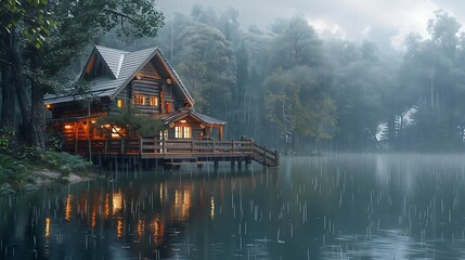 Fototapeta premium Cozy lakeside cabin in the woods on a rainy day