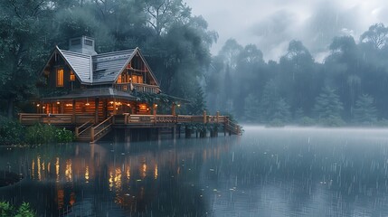 Rustic lakeside cabin nestled in the woods, surrounded by tranquil waters and lush greenery