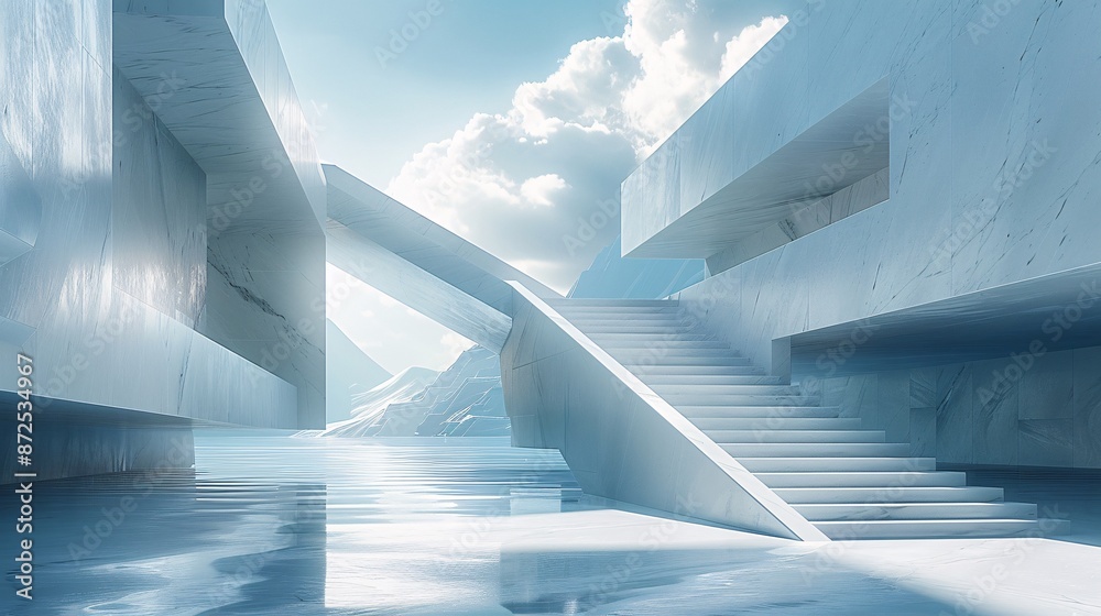 Poster an abstract 3d architectural scene with surreal geometric forms and a minimalist design, creating a 