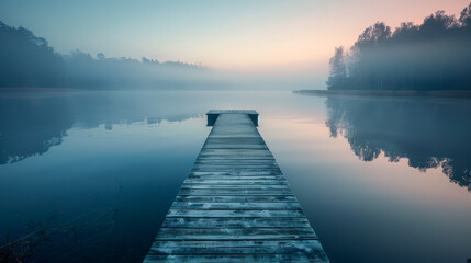 Obraz premium Serene Morning Mist Over Abandoned Wooden Pier