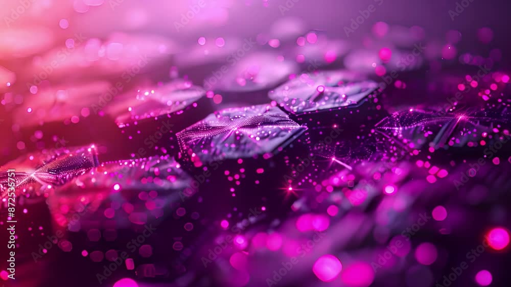 Poster an abstract image of purple geometric shapes with glittering lights in the background. the image has