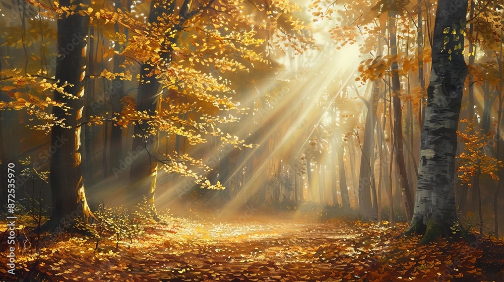 Poster Capture the essence of a peaceful forest in autumn, with golden leaves blanketing the ground and sunlight filtering through the trees in your oil painting.