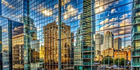 Fototapeta premium Cityscape Reflected in Glass Facade - Urban Architecture, Skyscrapers, Modern, Glass, Building