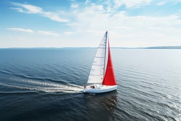 Fototapeta premium Sailboat With Red Sail Navigating Calm Waters On A Sunny Day
