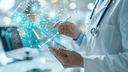 Doctor using digital tablet checking graph with medical technology. Digital healthcare, online health, global health network connections concept suitable for medical textbooks, educational use
