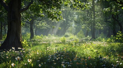 Fototapeta premium Capture the essence of a serene forest glade, with dappled sunlight filtering through the trees and a carpet of wildflowers in bloom.