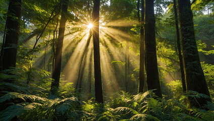 Obraz premium the serene beauty of a sunlit green forest