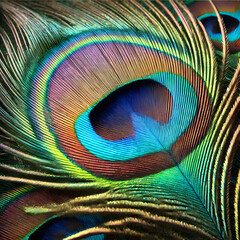 Obraz premium Peacock feather on dark background, detailed texture and vivid colors showcase natural beauty
