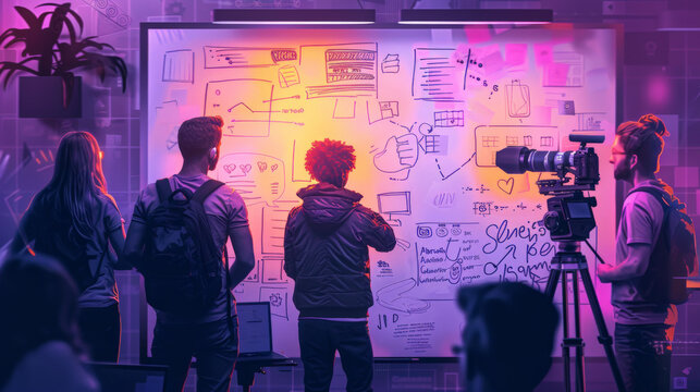 Team brainstorming video ideas on whiteboard