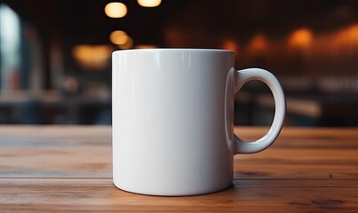 Obraz premium White Coffee Mug Mockup on Wooden Table in a Coffee Shop blur background