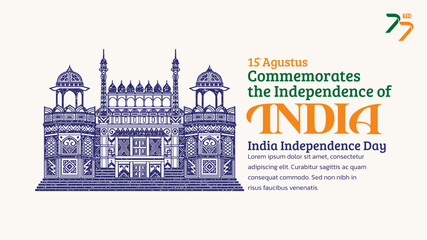 Naklejka premium India Independence Day Banner. Hand-Drawn Red Fort with Trendy Stamp. 15th Agustus Celebration