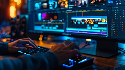 Person editing video on computer