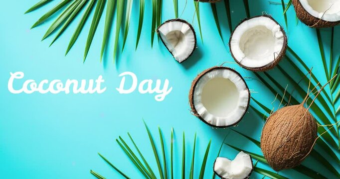 Create a tropical-themed copy space background for World Coconut Day, featuring lush coconut palms, refreshing coconut water, and vibrant island motifs