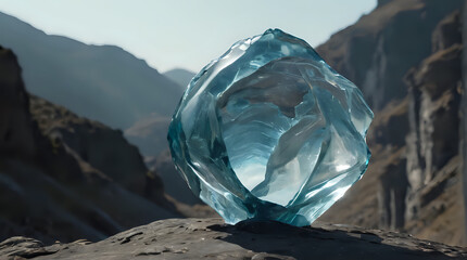 Obraz premium a blue glass sculpture on a rock in the mountains