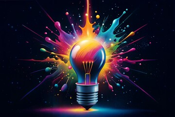 Creative light bulb explodes with colorful paint and splashes on a black background. Think differently creative idea concept