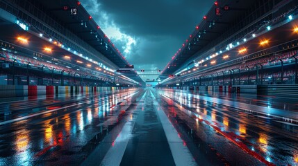 Empty Race Track Pit Lane at Night Generative AI