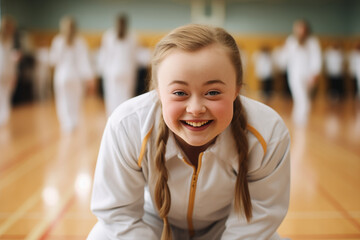 Joyful Girl with Down Syndrome at Inclusive Sports Practice - Smiling Child with Special Needs Participating in Physical Education Class