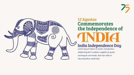 India Independence Day Banner. Hand-Drawn Indian elephant with Trendy Stamp. 15th Agustus Celebration