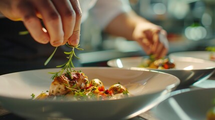 Photo Of Close-Up Shot. A Chef Plating Dishes In Three White Bowls On The Table. The Focus Is Set On One Bowl Where He'S Adding Herbs To A Chicken Dish With A Blurred Kitchen Background