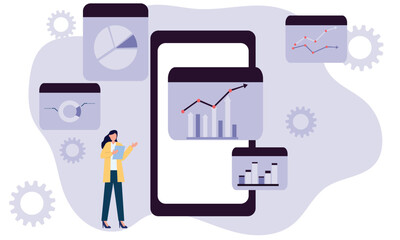 People analyse data online and prepare graph reports on a mobile. Finance report graph data analytics concepts. Flat vector illustration.