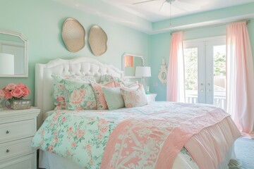 Mint Green and Pink Bedroom with Floral Bedding