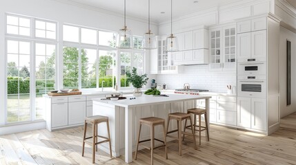 Bright and airy kitchen with white cabinets, a large island, and bar stools