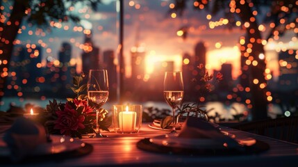 a candlelit dinner setup for an anniversary celebration, with a romantic city skyline visible in the background