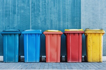 Recycling bins. Colorful trash cans in a row in the city. Recycling concept.