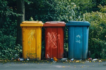 Naklejka premium Recycling bins. Colorful trash cans in a row in the city. Recycling concept.