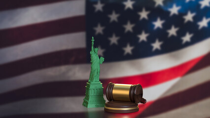 The statue of liberty and wood hammer for law concept 3d rendering. © niphon