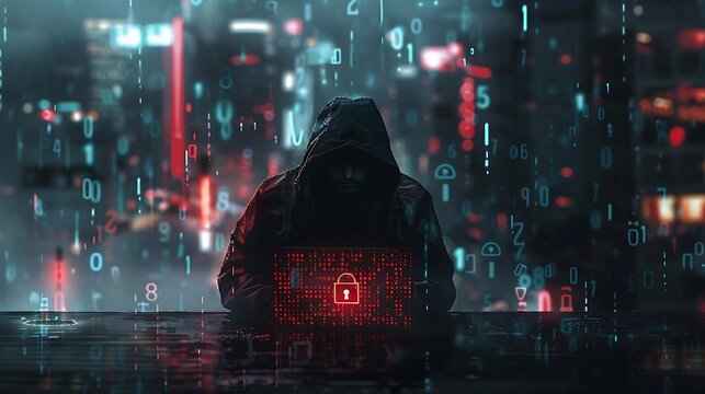 FHD high resolution images A hacker in a black hoodie with the hood up sitting at a table using a laptop, surrounded by glowing numbers and a digital padlock on a dark background. The concept of a