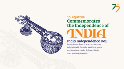 Naklejka premium India Independence Day Banner. Hand-Drawn Saraswati veena with Trendy Stamp. 15th Agustus Celebration
