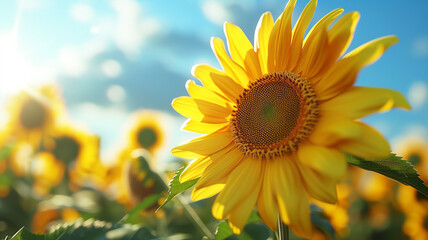Fototapeta premium A close-up of a bright yellow sunflower, its large, round bloom capturing the sunlight. The flower’s cheerful appearance brightens the scene.