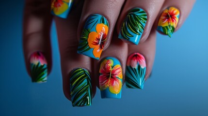Fototapeta premium Tropical Nail Art Design with Blue, Green, and Yellow Accents