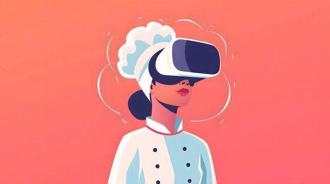 A female chef wearing a virtual reality headset, exploring new culinary experiences in a digital world.