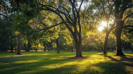 Obraz premium Morning light filtering through the trees in a serene public park setting