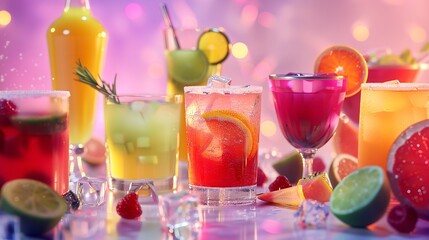 "Various Alcoholic Cocktails on White Background: Colorful Display"

