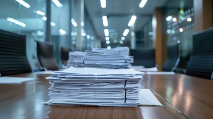 Neatly arranged stack of papers on a conference table in a modern office meeting room