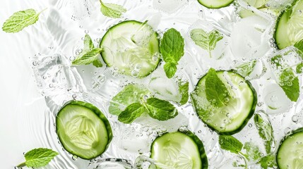Refreshing sparkling water with floating cucumber slices and mint on a white background