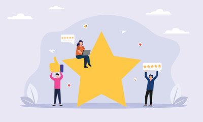 Fototapeta premium People giving star and like feedback and choosing satisfaction rating. people holding big stars and like thumb. Customer review rating and feedback concept. Flat vector illustration.