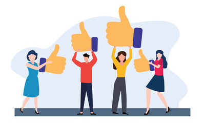 People giving  star and like feedback and choosing satisfaction rating. people holding big stars and like thumb. Customer review rating and feedback concept. Flat vector illustration.