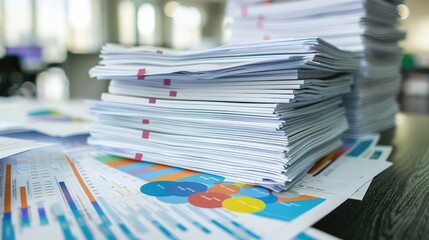 Several stacks of financial documents and charts on a desk in a corporate office