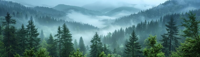 Misty forest with layered hills and morning light
